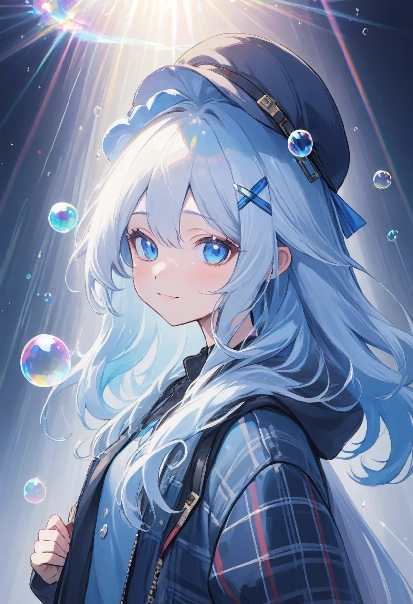 furina,1girl, blue eyes, solo, hat, long hair, looking at viewer, smile, blue hair, bangs, bubble, hair between eyes, white hair, , closed mouth, multicolored hair, air bubble, light rays, ribbon, virtual youtuber, gem(best quality), Instead of furina's default outfit, she's wearing a plaid jacket and jeans, Otaku