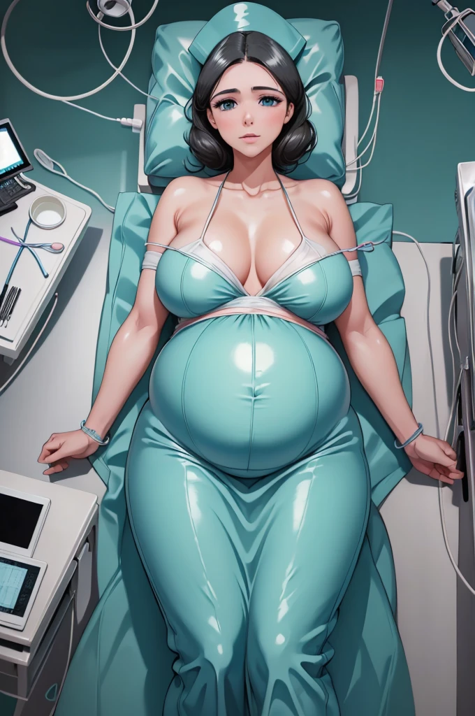 (give a score of 9_give a score of 8_give a score of 7)
Masterpiece, best quality, view from top down,
in one hospital, 1 pregnant woman,approximately 32 years old, 9 months pregnant, surgical cap, the face looked pained, frown, close your eyes, lying on the operating table, lie on your back, Lying with arms spread out, on the operating bed, in the operating room, a blanket covered her large breasts, another blanket covered her long slender legs, open belly, Her pregnant belly was visible,The picture explains the situation while waiting to give birth,