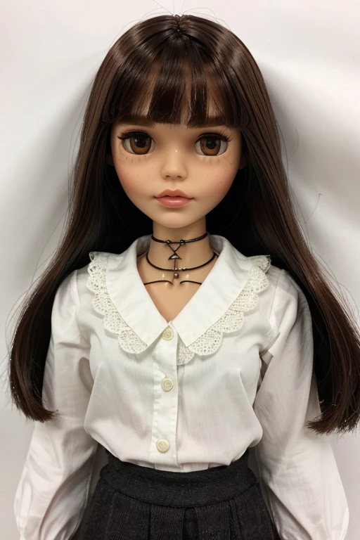 ((Best Quality)), ((Blythe doll)), (dark brown hair, shoulder length hair, with straight fringe Masomeless long, big brown eyes, a lot of slap, More thin lips, straight nose, Masomenos ancha, dressed in a white blouse)