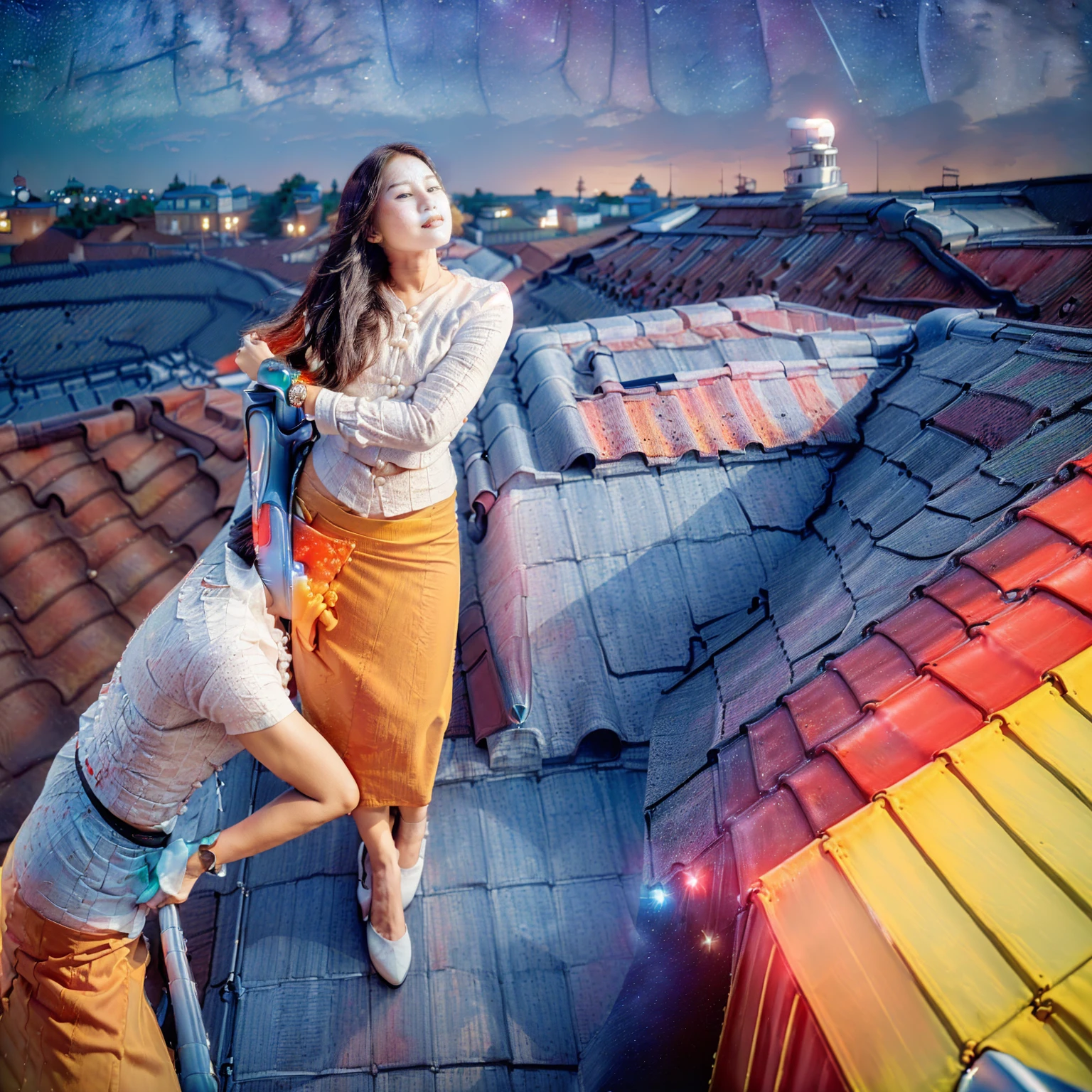 arafed asian woman, 1 girl, solo, ((((pretty lady MoonLay)))), (((seductive face with small cute smile))), red lips, (sitting seductively on a stool pose:1.5), (looking to the sky:1.5), (night with starry sky:1.6), smooth face skin, traditional beauty, cinematic portrait glow lighting, traditional dress, ((in a white shirt and red skirt:1.5), high heel, (full body view:2), (two story building rooftop balcony with vibrant colorful small townscape background:1.5), (cinematic bokeh deep blur background:1.5), cinematic lighting, perfect anatomy, perfect face, perfect dress, perfect shin and calf, perfect hands, perfect toes
