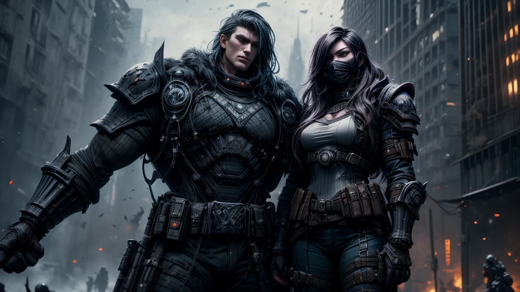 An exuberant 20 year old woman, warrior mix of chistina hendrix and Bryce Dallas Howard with gears of war uniform, very pretty,green eyes, very long dark hair,full lips, beautiful, with his sexy combat uniform, dark blue camouflage navy,big chest, narrow waist, muscular legs, is in struggle in a city with immense half-ruined buildings, ready for battle with your weapon, all full of imagination,Gray Light, fog of war, armored uniform in plates