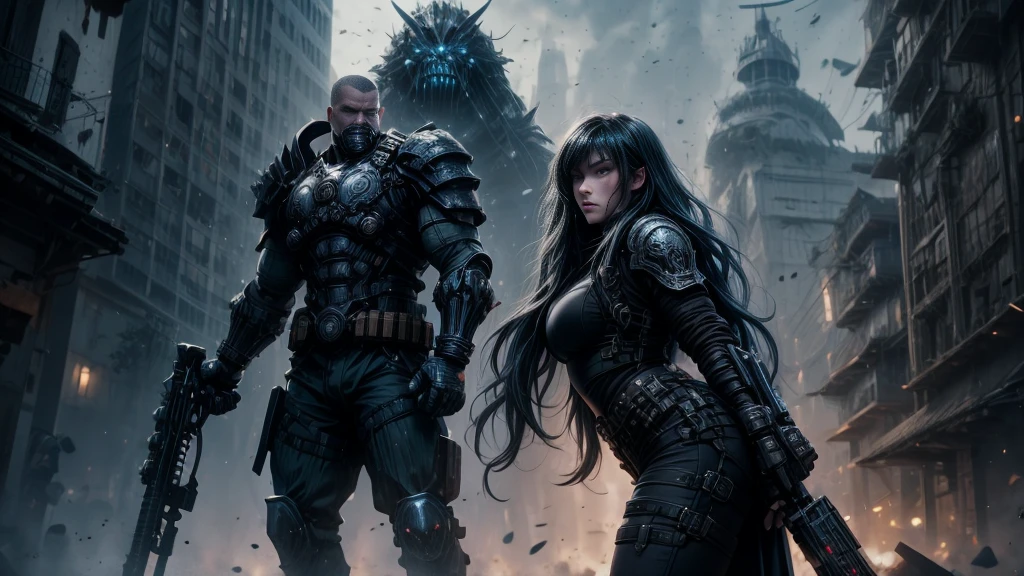 An exuberant 20 year old woman, warrior mix of chistina hendrix and Bryce Dallas Howard with gears of war uniform, very pretty,green eyes, very long dark hair,full lips, beautiful, with his y combat uniform, dark blue camouflage navy,big chest, narrow waist, muscular legs, is in struggle in a city with immense half-ruined buildings, ready for battle with your weapon, all full of imagination,Gray Light, fog of war, armored uniform in plates
