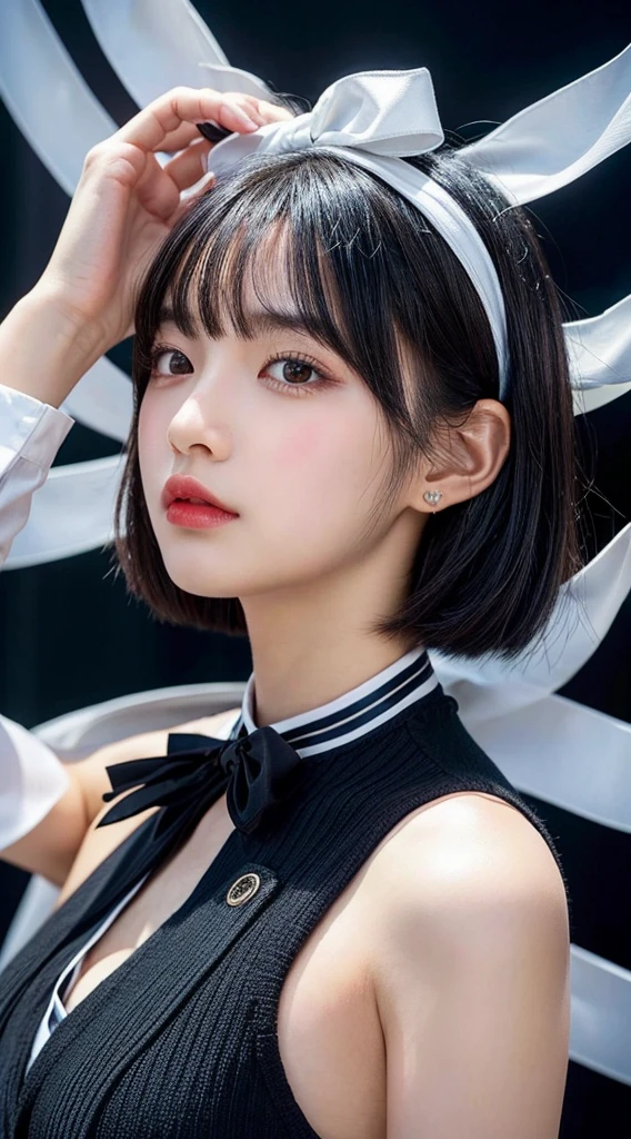 black hair, hair behind ear, short hair, ribbon, Surrealism, Fujifilm, first-person view, Surrealism, UHD, masterpiece, super detail, high details, high quality, best quality