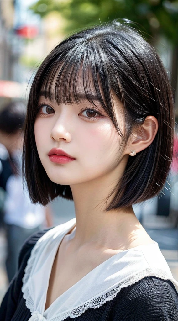 black hair, hair behind ear, short hair, ribbon, Surrealism, Fujifilm, first-person view, Surrealism, UHD, masterpiece, super detail, high details, high quality, best quality