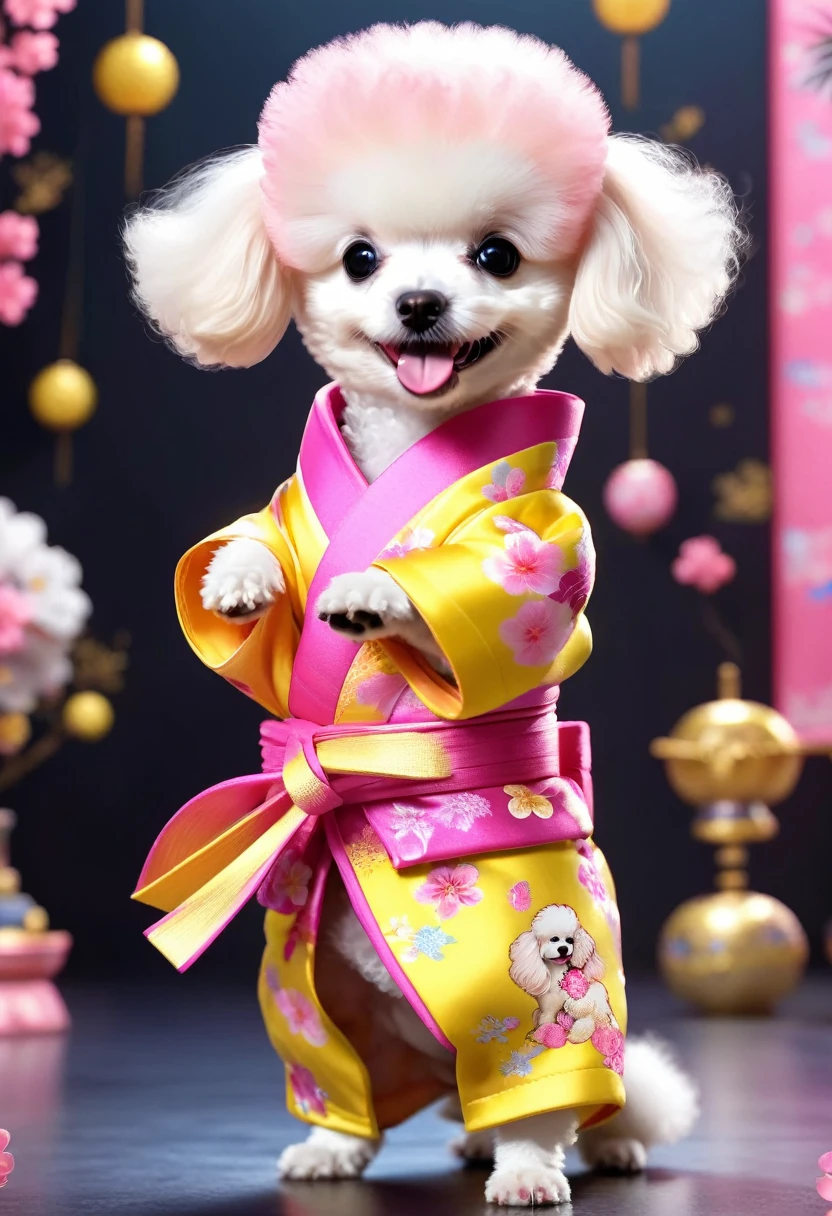 A poodle puppy from space、They are laughing and dancing in red and blue Japanese kimonos.,Extremely funny hip hop,punk,,Concept Design, Character Table、8K
