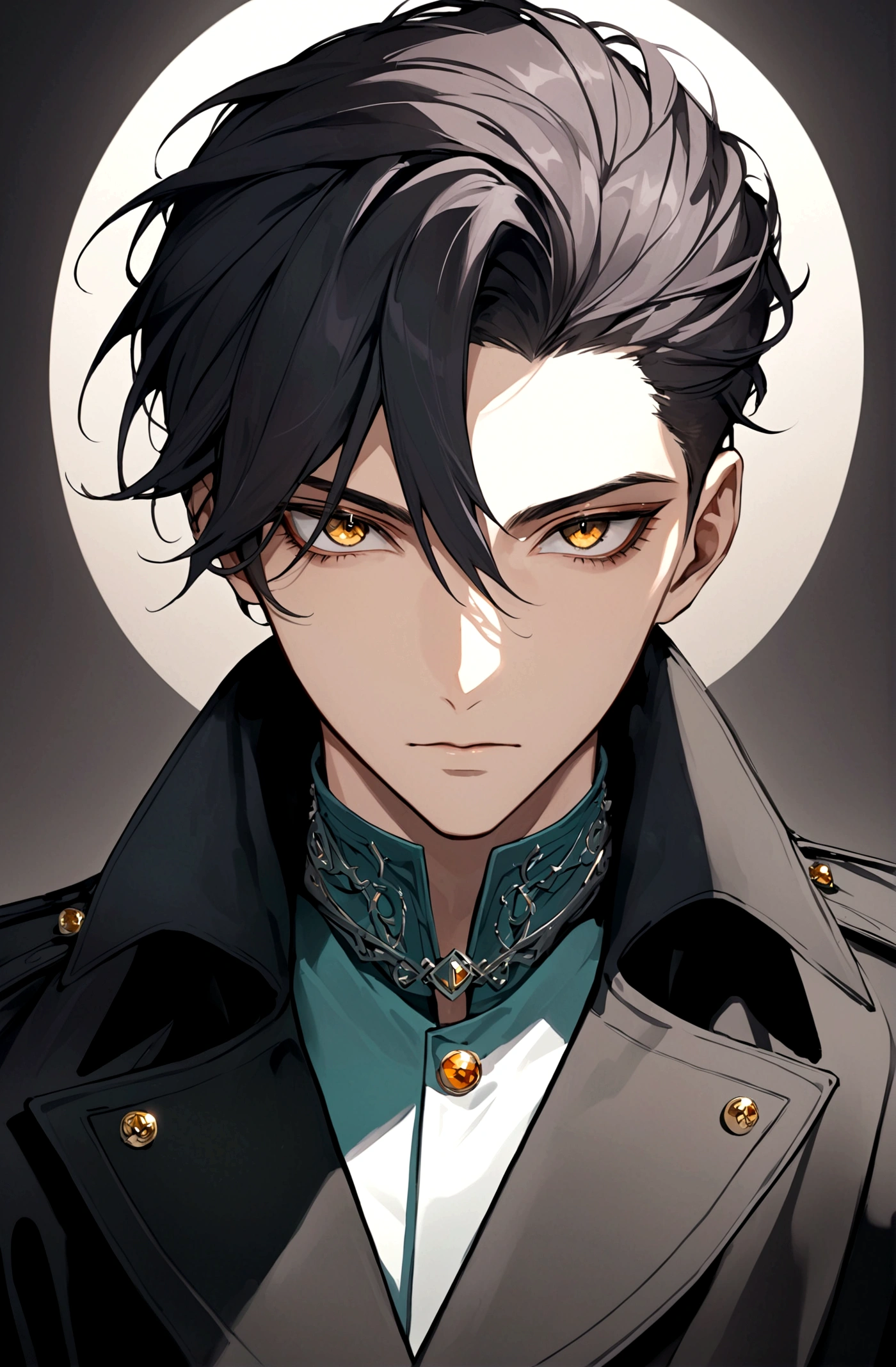 Poker face,Exquisite facial features,Young male,Black trench coat