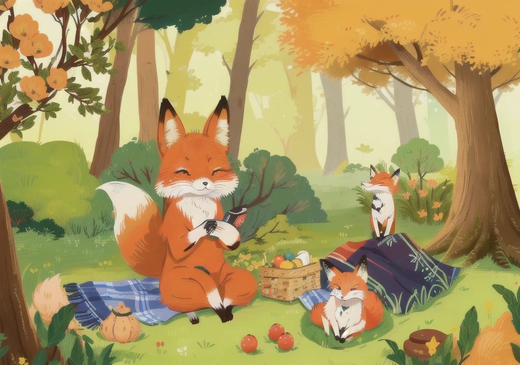 (((Cartoon Animals 5.1))), (((Super cute fox))), 狐狸在forest里野餐, High-definition realism, black eyes, High-resolution images, Vision, A fox,Sit on the left side of the picnic blanket,There are delicious foods on the picnic blanket,Blue sky and white clouds,grassland,forest,An animal
