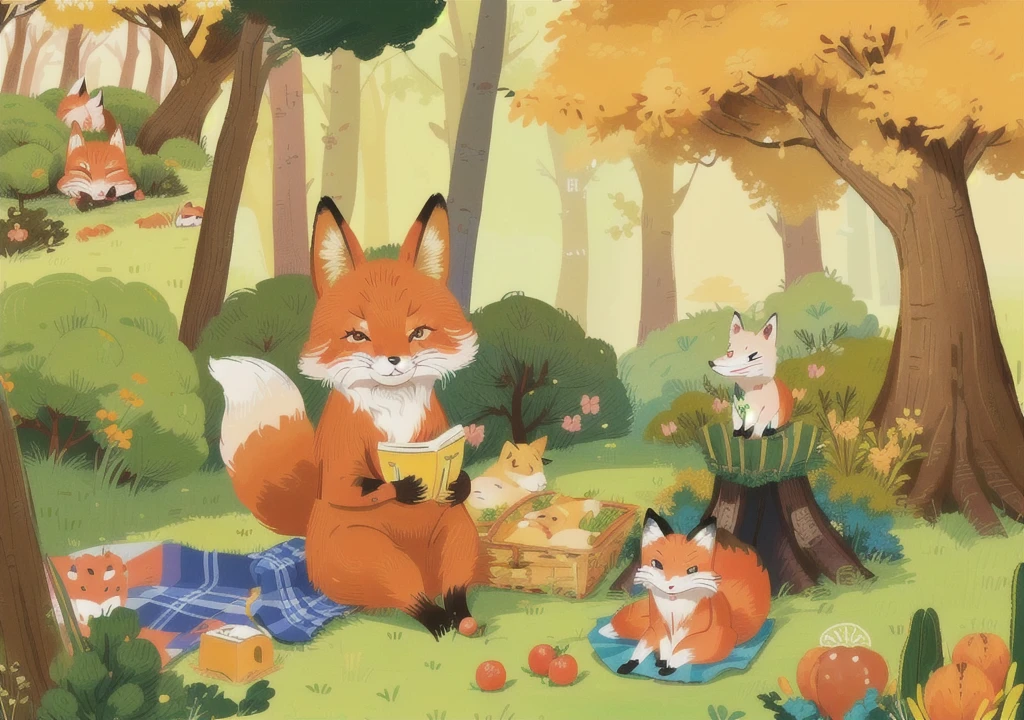 (((Cartoon Animals 5.1))), (((Super cute fox))), 狐狸在forest里野餐, High-definition realism, black eyes, High-resolution images, Vision, A fox，Sit on the left side of the picnic blanket，There are delicious foods on the picnic blanket，Blue sky and white clouds，grassland，forest，An animal