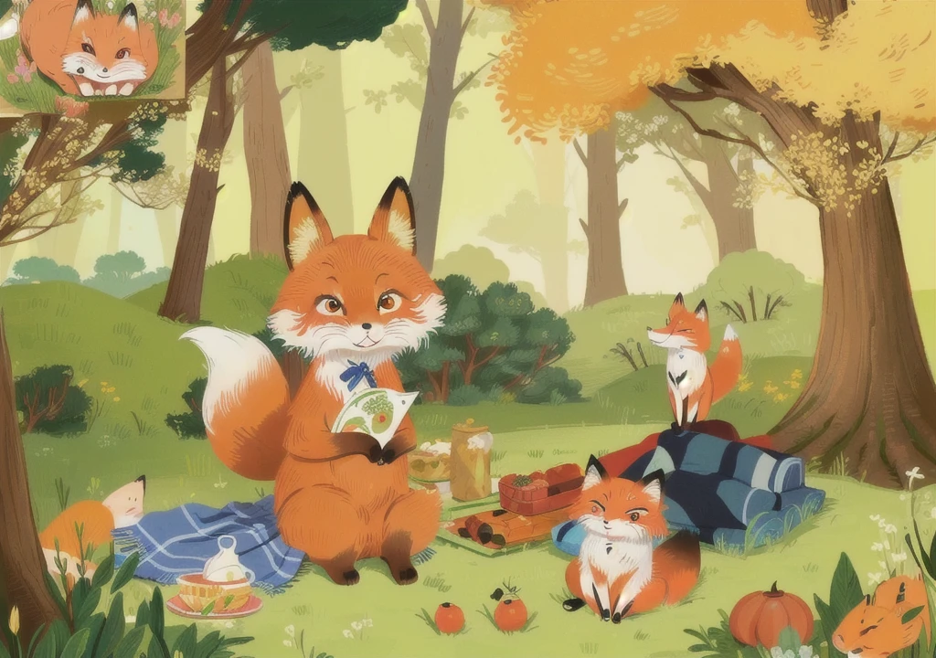 (((Cartoon Animals 5.1))), (((Super cute fox))), 狐狸在forest里野餐, High-definition realism, black eyes, High-resolution images, Vision, A fox,Sit on the left side of the picnic blanket,There are delicious foods on the picnic blanket,Blue sky and white clouds,grassland,forest,An animal
