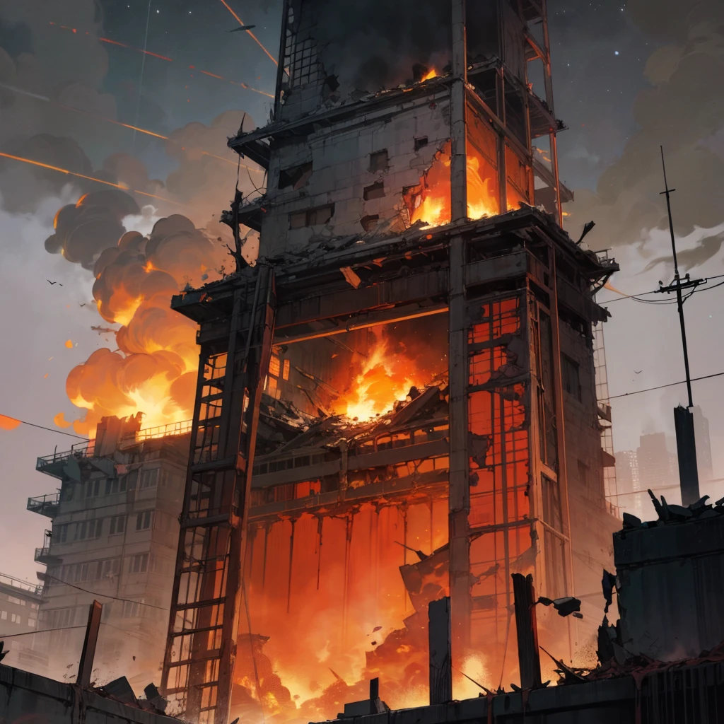 ((best quality)), ((masterpiece)), (detailed), the night sky bears red the scars of the ongoing Third World War. The once celestial expanse is now obscured by a thick, red-colored pollution that hangs heavily in the sky. Below, the landscape is many tanks were damaged and caught fire—once symbols of power and might. Buildings and skyscrapers were destroyed and collapsed, some were also burned