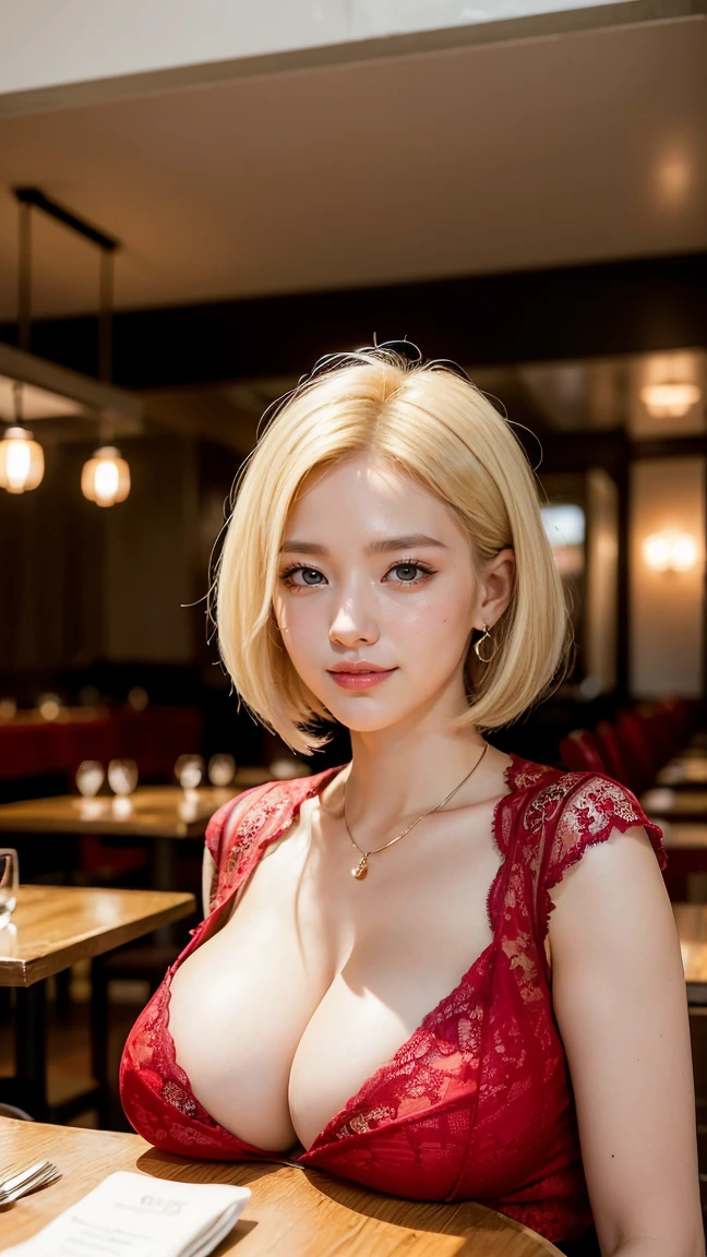 ((Highest quality, 8K, masterpiece :1.3)), Sharp focus :1.2, Beautiful woman with perfect figure :1.4, Slim Abs :1.2, ((Big Breasts, Accentuate your cleavage:1.3)), (PhotoRealistic:1.4), (Realistic:1.4), (Blonde:1.5), Highly detailed face and skin texture, fine grain, double eyelid. Makeup Face. A little bit of lipstick, necklace, Earrings, Sex Appeal, Sexy fiery pose, (Sexy woman in a red lace blouse、Inside the restaurant、Smiling face、Bobcut、Sitting at the table pose。:1.3)