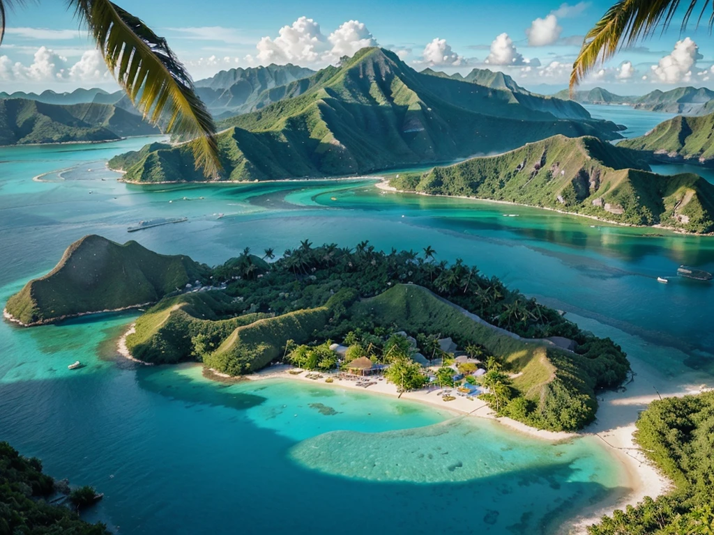 stunning tropical paradise, idyllic island, crystal clear turquoise waters, white sandy beaches, lush green palm trees, vibrant tropical flowers, dramatic volcanic mountains, aerial view, serene lagoon, overwater bungalows, golden sunlight, warm soft lighting, atmospheric hazy glow, cinematic composition, vibrant colors, photorealistic, highly detailed, 8k, best quality, masterpiece