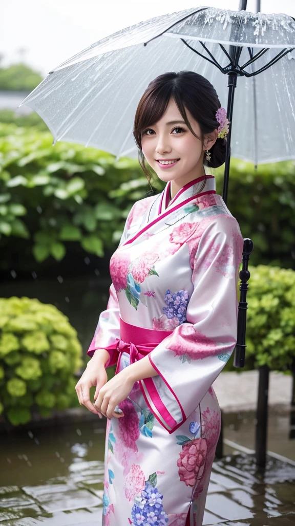 Japanese women　30 years old　Hydrangea patterned Chinese dress　smile　Wet with rain