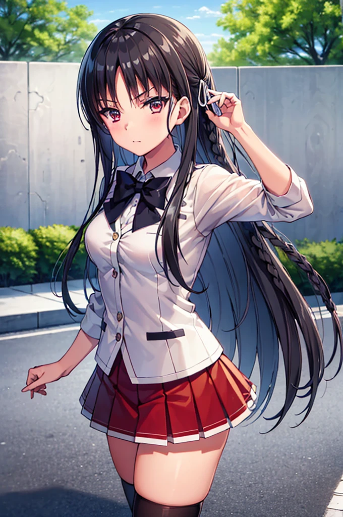 (8k, best quality, masterpiece,ultra detailed, ultra high res:1.2), (anime keyvisual:0.9),
1girl,
Suzune Horikita,
Suzune Horikita \(youjitsu\),
long hair, braid,
black hair,
red eyes, slant eyes, small eyes,
blue bow,
medium breasts,
, red jacket, long sleeves, white skirt, pleated skirt, black thigh-high socks,
looking at viewer,
cowboy shot, background of outdoor, school building,