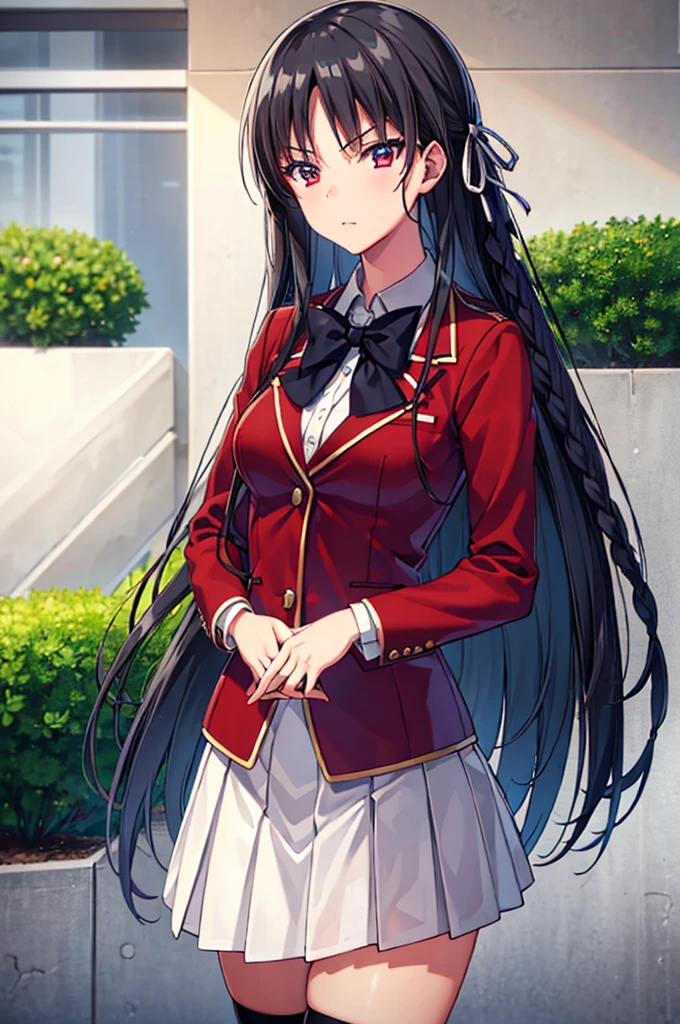 (8k, best quality, masterpiece,ultra detailed, ultra high res:1.2), (anime keyvisual:0.9),
1girl,
Suzune Horikita,
Suzune Horikita \(youjitsu\),
long hair, braid,
black hair,
red eyes, slant eyes, small eyes,
blue bow,
medium breasts,
, red jacket, long sleeves, white skirt, pleated skirt, black thigh-high socks,
looking at viewer,
cowboy shot, background of outdoor, school building,
