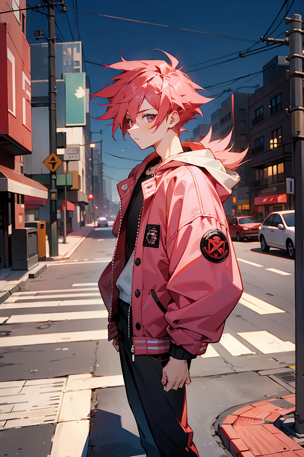 1male ,Bright Pinkish Red Hair , Bright Pinkish Res Eyes , Modern undercut Messy Hair , Baggy Letterman Jacket , Standing on sidewalk , Modern City Background , Perfect Generation
