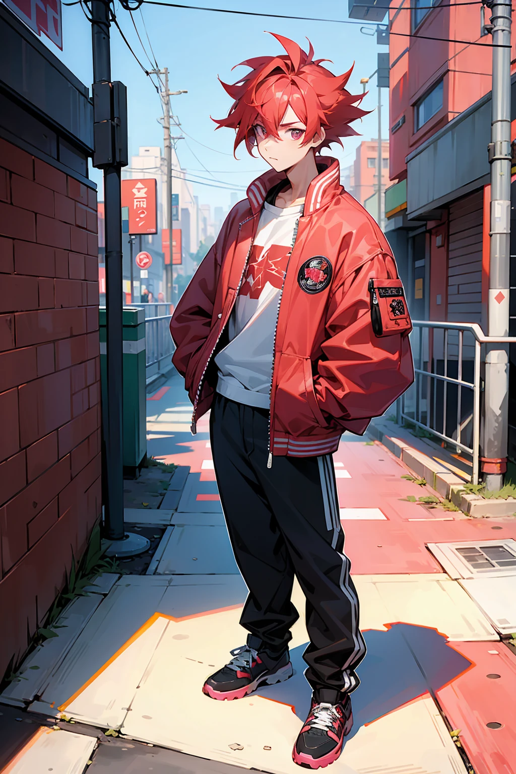 1male ,Bright Pinkish Red Hair , Bright Pinkish Res Eyes , Modern undercut Messy Hair , Baggy Letterman Jacket , Standing on sidewalk , Modern City Background , Perfect Generation