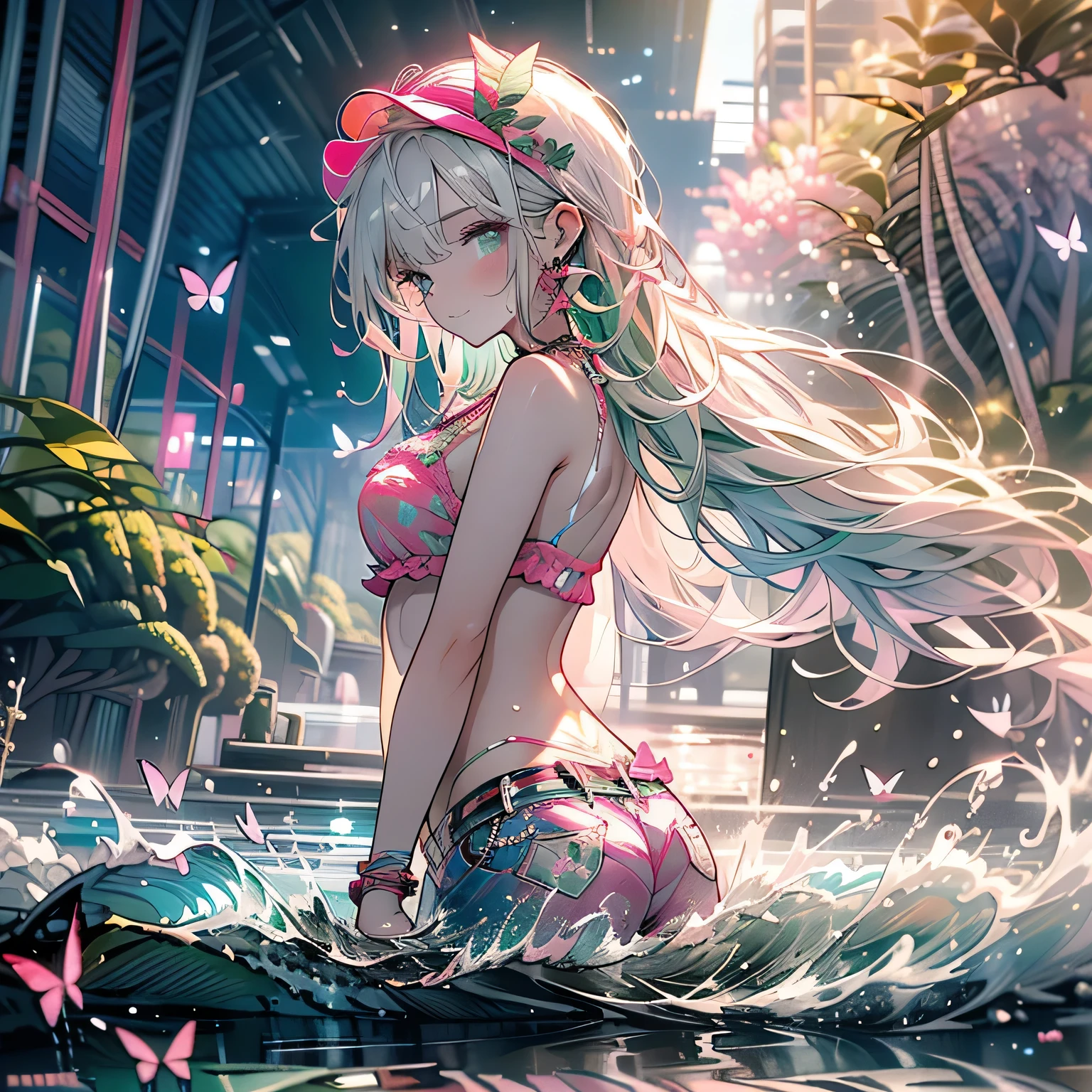 looking back,low angle,from below,(beautiful pink and green butterflies all over the place),
((masterpiece:1.4, best quality)), ((masterpiece, best quality)),low angle,beautiful pony tail silver green hair,beautiful pink eyes,little cute girl,wet full body, bathing in the water,water falls,water splash,lovely laugh,denim shorts,pink and green baseball cap, ((pink and green elegant summer bikini)), (Lace chalker, wristband, diamond necklace,earrings),cinematic lighting and pause,beautiful natural mysterious park,night sky,full moon,(beautiful pink and green butterflies all over the place),