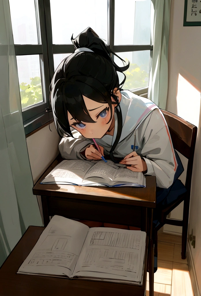 In a room by the window、A girl studying with headphones on。Hair tied in a ponytail、I am studying hard for the entrance exam.