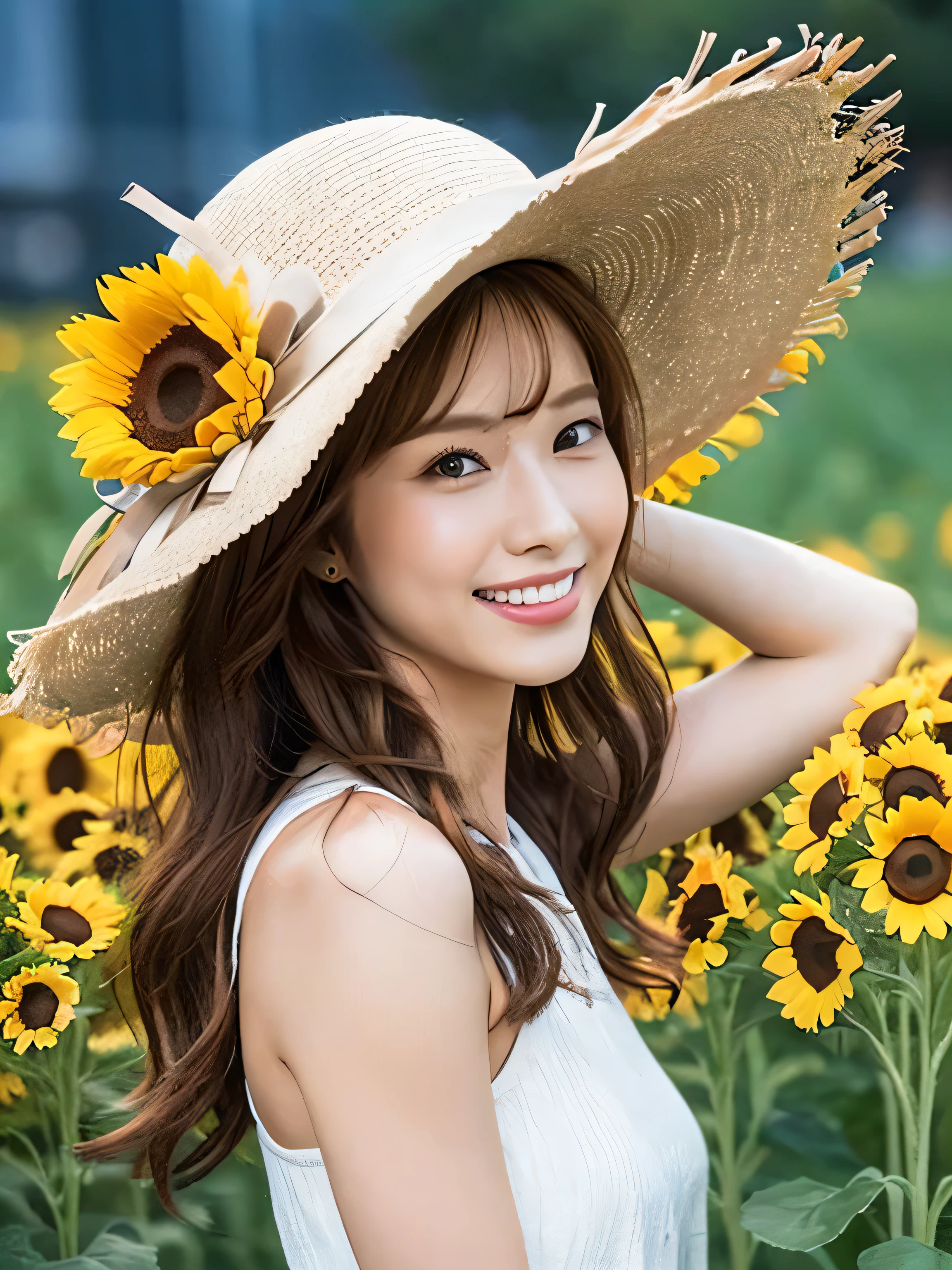 white hat, healthy smile, sleeveless white shirt, sunflower field, sun,