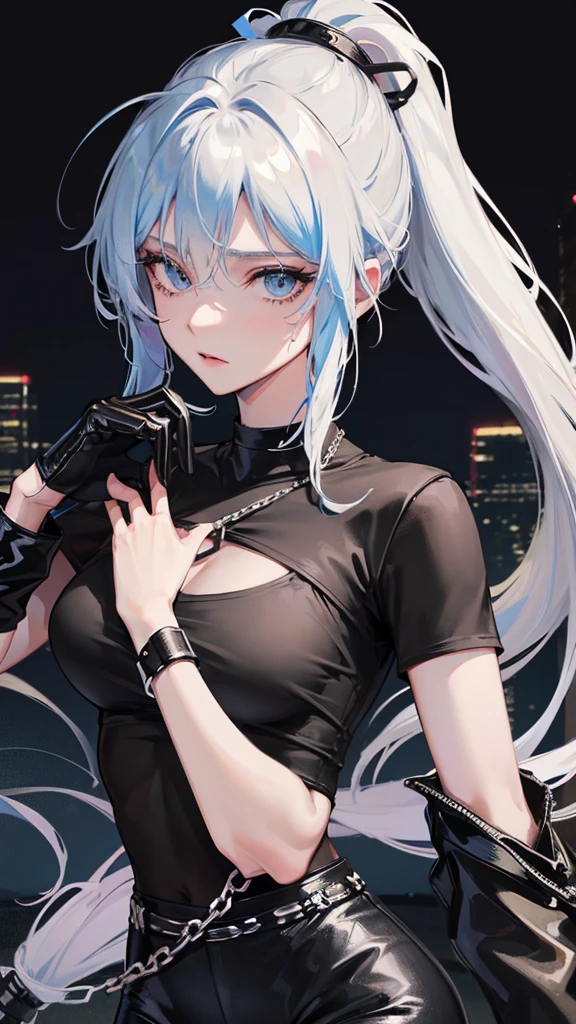 Photograph of the upper body of a beautiful woman, , big breasts), (small waist, perfect body), Sharp focus, (tall body, mature woman), ((Looking ahead)), (Highly detailed skin, hair follicles:1.4,) (long ponytail hairstyle, blue eyes) , (black t-shirt:1.47),(green pants),chain , There are tears. , Cross necklace , wearing a black leather jacket, cross chain, city scenery , punk , night light , high quality ,cold expression, one leather gloves , biker style