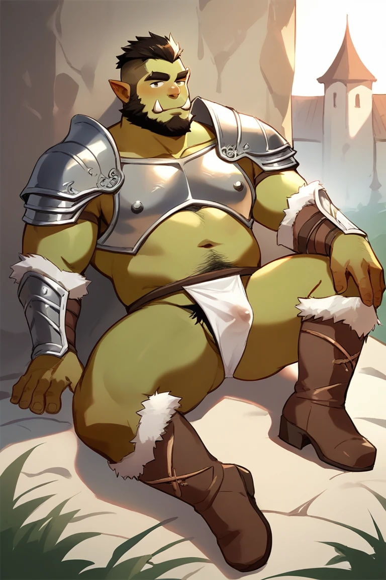 score_9, score_8_up, score_7_up, solo, male focus, chubby male, orc, green skin, tusks, beard, outdoors, micro armor , shoulder armor, breastplate, upper body , pauldrons, day, day town ,, boots , (micro fundoshi) , full body , laying spread legs , legs up , His body was wet with cum