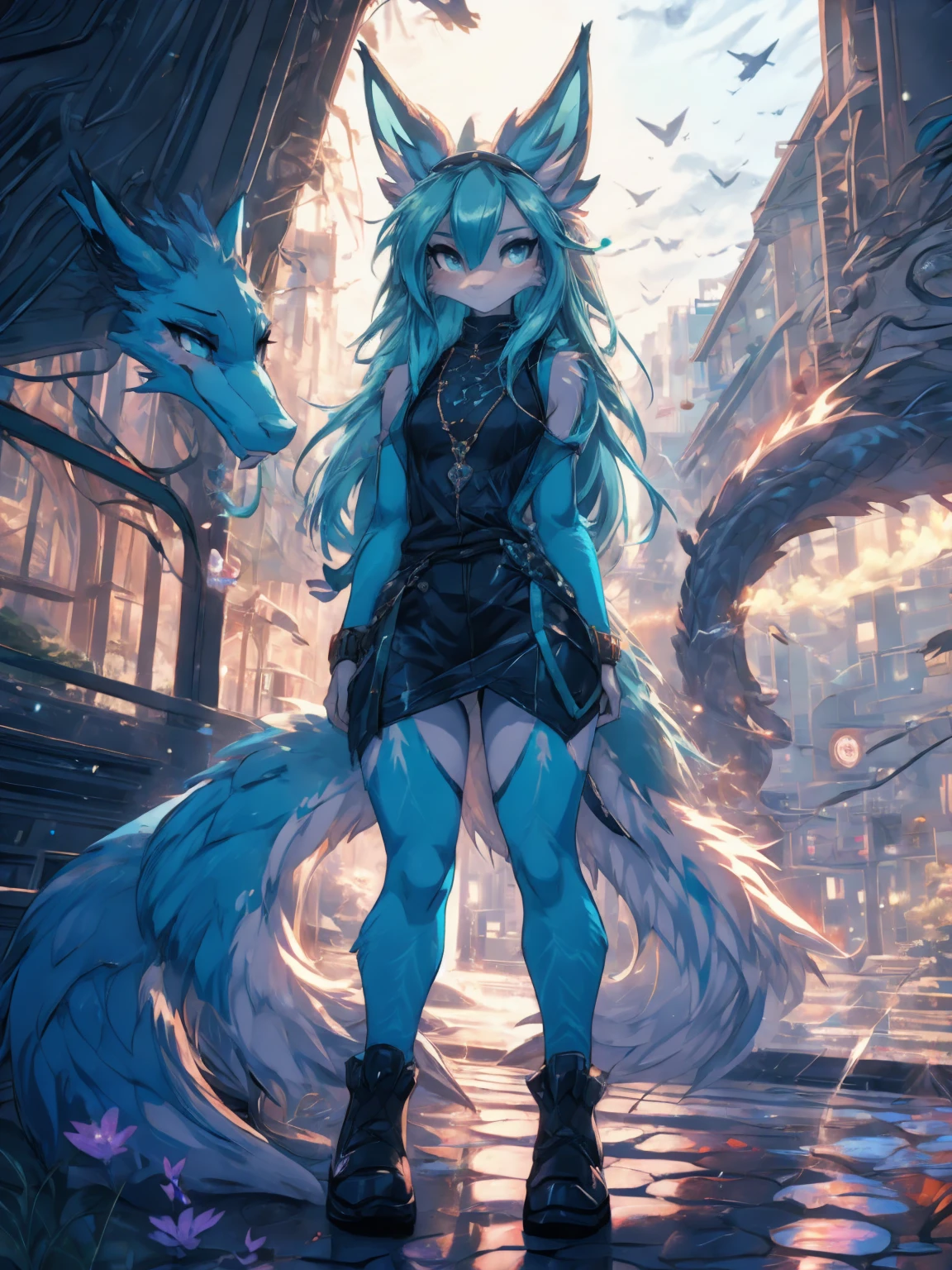 anime girl,tennage girl 18 years old, anime style, cute hatsune miku x suicune, centaurys girl,shy girl , kitsune ears, dark natasha art, city landscape, art by vixen aztra, full body high definition in details the best image quality add_detail:1, prostitute girl add_detail: fantasy utopic city landscape add_detail:1