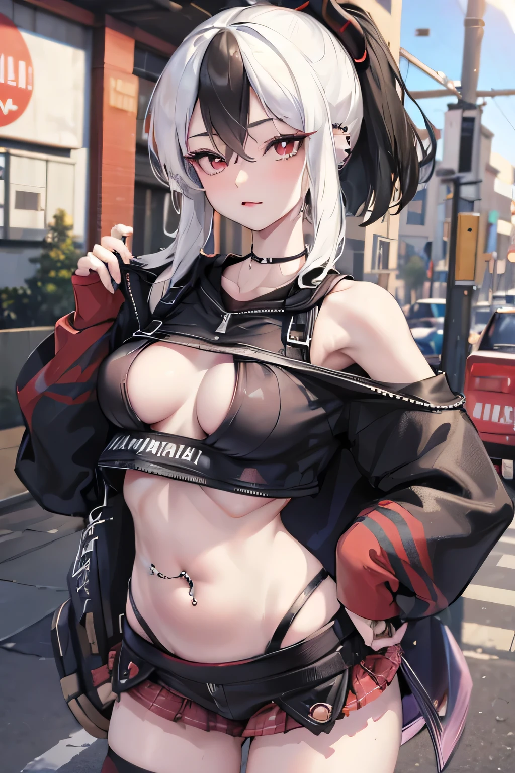 kayoko, thighhighs, belly button, outie, outie navel, outie belly button, crop top, navel piercing, belly button piercing, dangly piercing