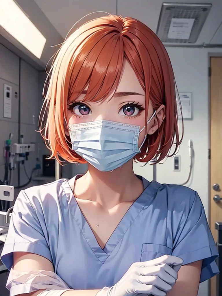 Beautiful young woman, Anime Style, Detailed face, Redhead, Wet Hair, Big eyes, pinkの目, Delicate features,One Girl, alone, nurse, pink, White gloves, Very short hair, Orange Hair, ((White surgical mask, Covered Nose)), Lying down, ((Hospital room)), Sharp contours, Short sleeve, Tomboy, boyish, Highest quality, masterpiece、No hat、erotic、sexy