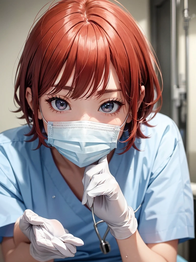 Beautiful young woman, Anime Style, Detailed face, Redhead, Wet Hair, Big eyes, pinkの目, Delicate features,One Girl, alone, nurse, pink, White gloves, Very short hair, Orange Hair, ((White surgical mask, Covered Nose)), Lying down, ((Hospital room)), Sharp contours, Short sleeve, Tomboy, boyish, Highest quality, masterpiece、No hat、erotic、sexy