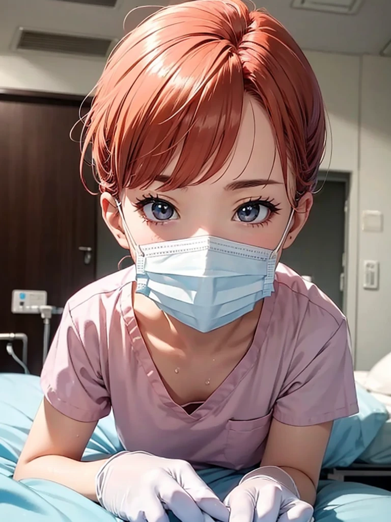 Beautiful young woman, Anime Style, Detailed face, Redhead, Wet Hair, Big eyes, pinkの目, Delicate features,One Girl, alone, nurse, pink, White gloves, Very short hair, Orange Hair, ((White surgical mask, Covered Nose)), Lying down, ((Hospital room)), Sharp contours, Short sleeve, Tomboy, boyish, Highest quality, masterpiece、No hat、erotic、sexy