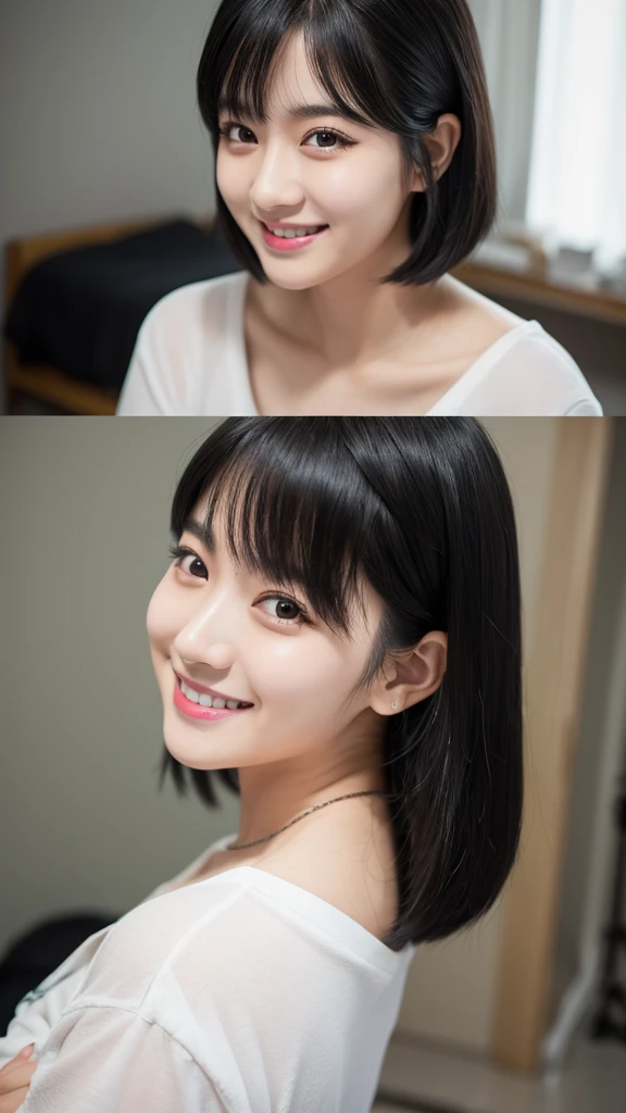 Black Hair、Shortcuts、23 years old、One girl、Fujifilm、X-S10、35mm、Prime Lenses、Studio Lighting、Gray Back、Black Buck、whiteback、Natural Makeup、smile、looking at the camera、