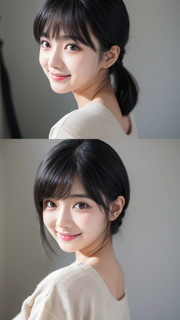 Black Hair、Shortcuts、23 years old、One girl、Fujifilm、X-S10、35mm、Prime Lenses、Studio Lighting、Gray Back、Black Buck、whiteback、Natural Makeup、smile、looking at the camera、