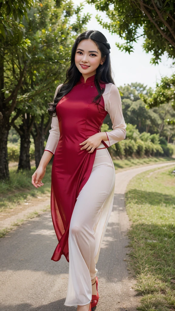 detailed body, attractive body, perfect human body, realistic face,
(ultimate quality, masterpiece, highres:1.0), realistic:1.6, photorealistic,
[8k UHD photos, UHD high quality photos, Super detailed and super clear images],
Close-up of a Vietnamese girl with a beautiful face and balanced body, leggy, round face, big round eyes, Charming smile, Red lips, long curly eyelashes, big dimples, pointed chin, plump face, Her face resembles QuynhHuong x QuynhAlee, Tall and plump figure,
wearing a bright and shiny yellow silk ao dai, walking on the country road, pose sexy,
Nhìn từ bên hông,
Silk ao dai,