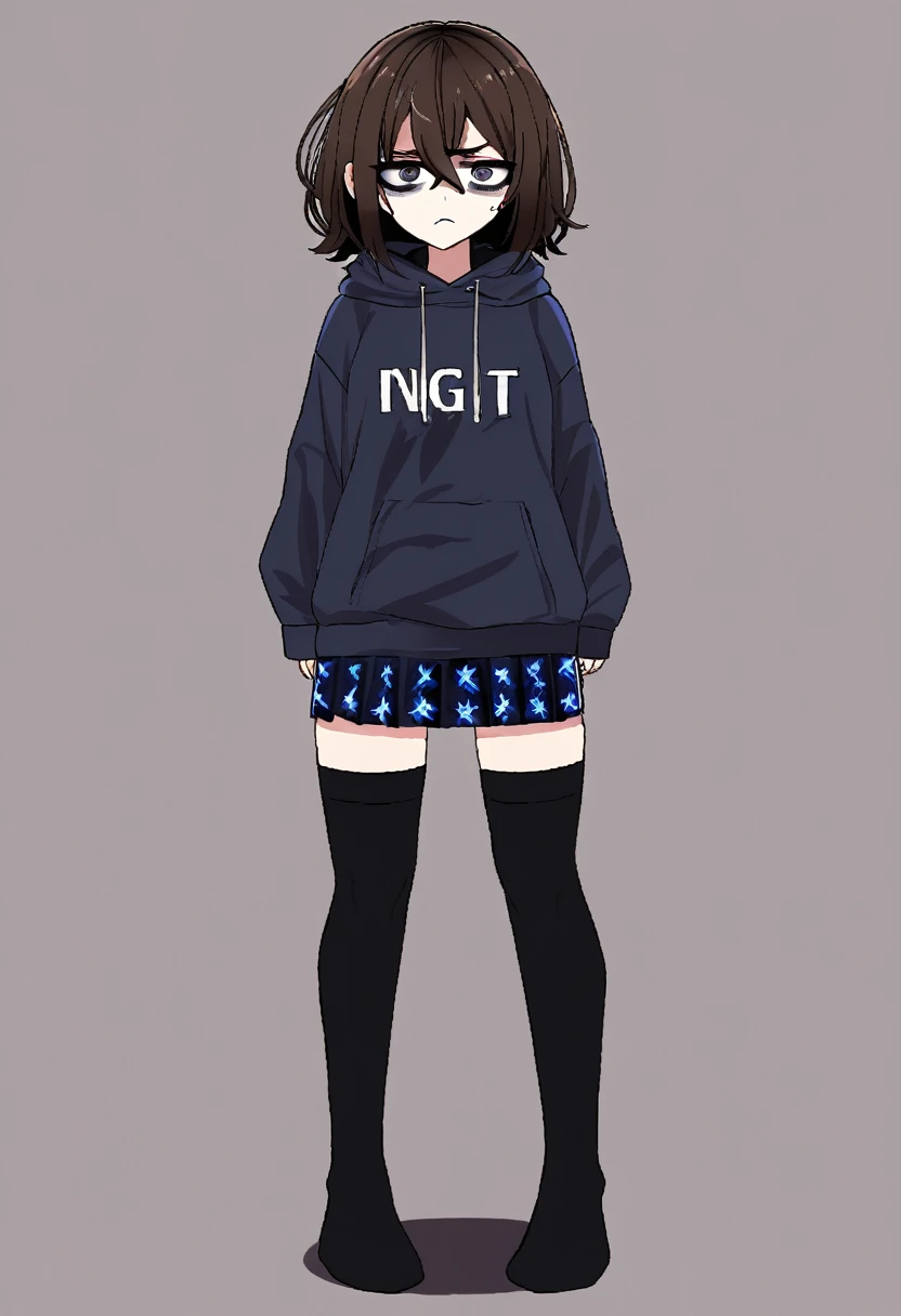 edgy girl with dark brown hair with bags under her eyes, wearing a dark blue hoodie, blue miniskirt and black thigh high socks. She has a grumpy look and a frown on her face. Full body view