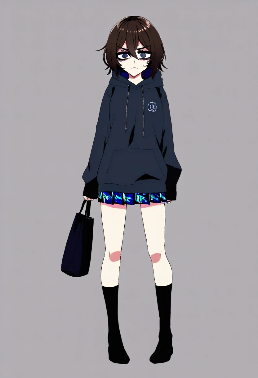 edgy girl with dark brown hair with bags under her eyes, wearing a dark blue hoodie, blue miniskirt and black thigh high socks. She has a grumpy look and a frown on her face. Full body view