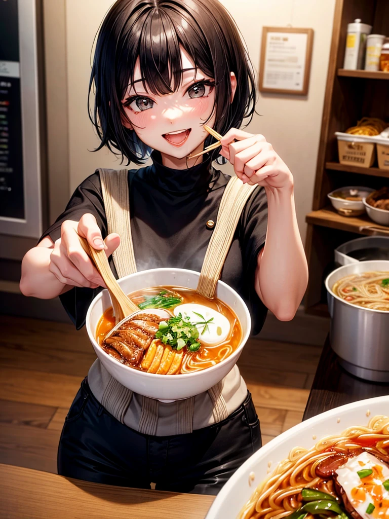 Highest Resolution,Highest quality,Smiling while looking at the ramen,Girl with open mouth and saliva dripping,Black short hair,up,