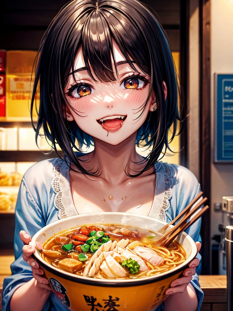 Highest Resolution,Highest quality,Smiling while looking at the ramen,Girl with open mouth and saliva dripping,Black short hair,up,