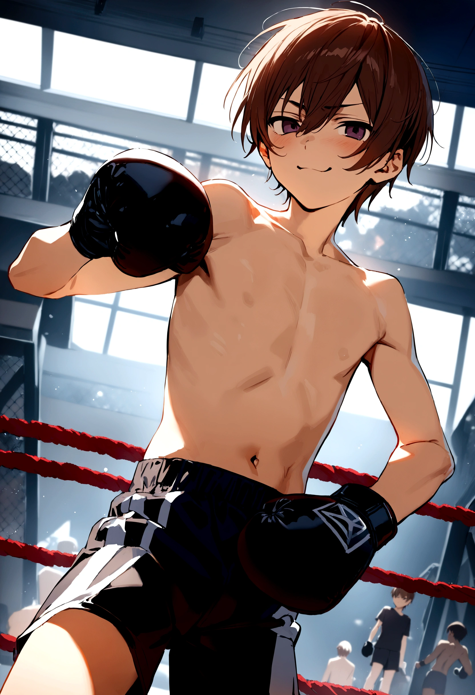 ((((1shota, short stature)))),dark-skinned shota boy,interracial, smug, (He wears boxing shorts),topless, Boxing Gloves, looking at viewer, (((standing))), fighting stance, (wrestling ring),(((masterpiece))),(((best quality))),((ultra-detailed)),(illustration),((an extremely delicate and beautiful)),(detailed
background),