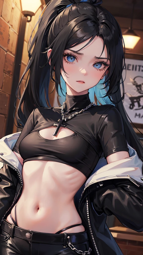 Photograph of the upper body of a beautiful woman, , big breasts), (small waist, perfect body), Sharp focus, (tall body, mature woman), ((Looking ahead)), (Highly detailed skin, hair follicles:1.4,) (long ponytail hairstyle, blue eyes) , (black t-shirt:1.47),(green pants),chain , There are tears. , Cross necklace , wearing a black leather jacket, cross chain, city scenery , punk , night light , high quality ,cold expression, one leather gloves , biker style