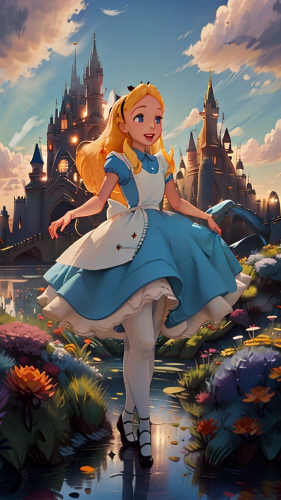 (masterpiece), (best quality), (extremely detailed), alice liddell, blue dress, white apron, black hairband, white long socks, cute pose, in a flower garden, (pond), (((disney castle at the background))), (blue sky), (sunny day), 3d. Illustration, Good Highlights, Perfect Proportions, dynamic, Professional, Award winning, (high detailed skin), (high detailed face), photorealistic, HDR, ultra highres, absurdres, perfect body shape, cute smiling, 、