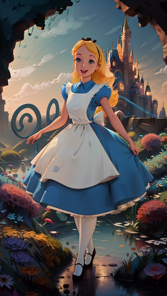 (masterpiece), (best quality), (extremely detailed), alice liddell, blue dress, white apron, black hairband, white long socks, cute pose, in a flower garden, (pond), (((disney castle at the background))), (blue sky), (sunny day), 3d. Illustration, Good Highlights, Perfect Proportions, dynamic, Professional, Award winning, (high detailed skin), (high detailed face), photorealistic, HDR, ultra highres, absurdres, perfect body shape, cute smiling, 、