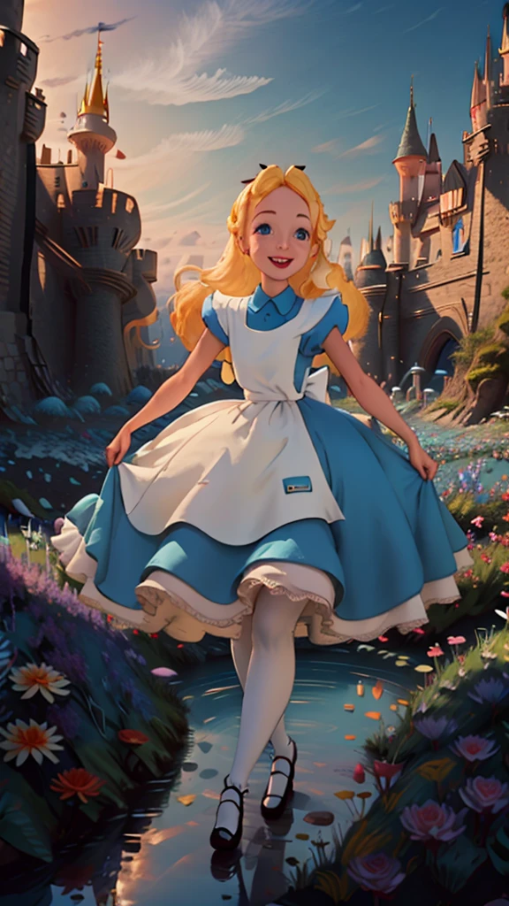 (masterpiece), (best quality), (extremely detailed), alice liddell, blue dress, white apron, black hairband, white long socks, cute pose, in a flower garden, (pond), (((disney castle at the background))), (blue sky), (sunny day), 3d. Illustration, Good Highlights, Perfect Proportions, dynamic, Professional, Award winning, (high detailed skin), (high detailed face), photorealistic, HDR, ultra highres, absurdres, perfect body shape, cute smiling, 、

