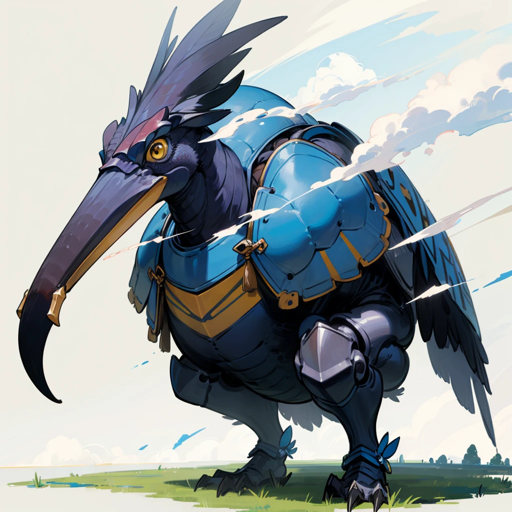 (Random Evolution, Colossal Titans mixed cassowary), (armor body), (has clouds in body), full body version, full blue colour skins, (yellow eyes), (Grassroots), no background