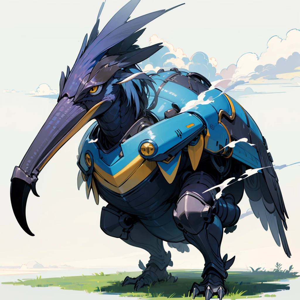 (Random Evolution, Colossal Titans mixed cassowary), (armor body), (has clouds in body), full body version, full blue colour skins, (yellow eyes), (Grassroots), no background