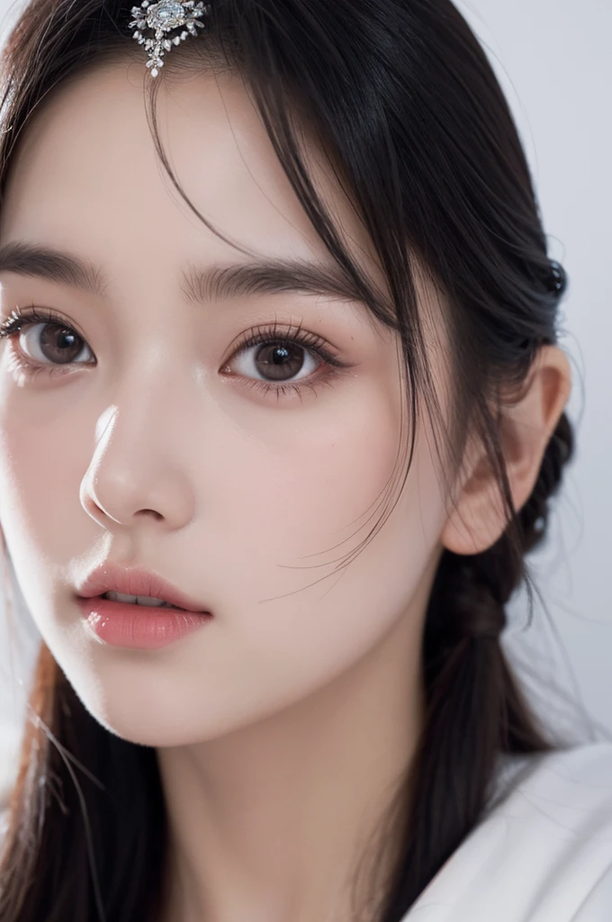 best quality， Ultra-high resolution， White background，（Realistically：1.4）， girl， A pair of eyes as clear as snow,Royal sisters，Black long straight， Looking at the audience， close up ，