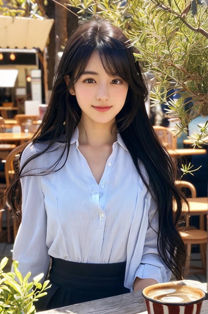 , Blown by the long wind [blue-black:.3] hair,Looking at Viewer, (masutepiece:1.3), (8K, Photorealistic, Raw photo, Best Quality: 1.4), Japanese, (1girl in), Beautiful face, (Realistic face), (Black hair, semi long hair:1.3), Beautiful hairstyle, Realistic eyes, Beautiful detailed eyes, (Realistic skin), Beautiful skin, Attractive, 超A high resolution, A hyper-realistic, Highly detailed, Golden ratio,、Nogizaka Idol、Korean Idol、hposing Gravure Idol、actress、20-years old、tall、cafes、restaurant、Italy、Americans、Australia、