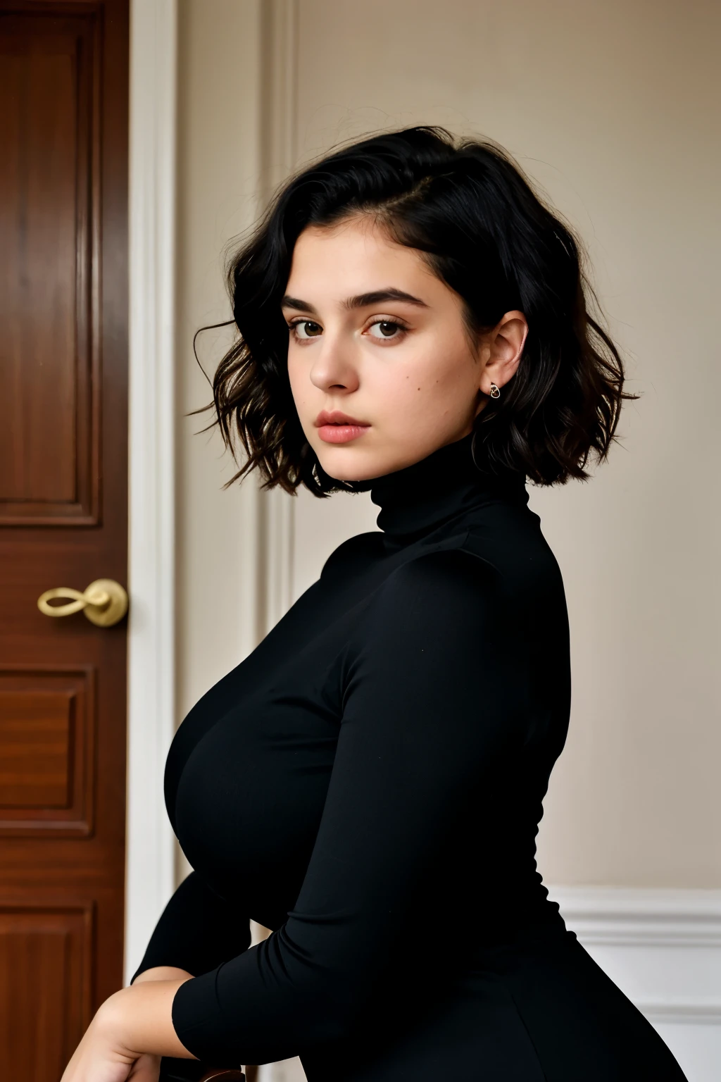 , short wavy hair, black hair, curvy, big boobs, black turtle neck thight dress, neutral expression, realistic, close selfie