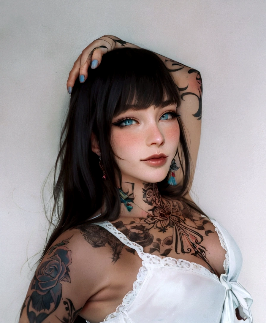 there is a woman with tattoos on her chest and arms, with tattoos, tatuados, profile image, tatuados, Madalena more often, angelina stroganova, anastasia ovchinnikova, using shipibo tattoos, Portrait photo, com tatuagem facial, angelawhite, profile picture with headshot, Anna Nikonova aka Newmilky, malika favre