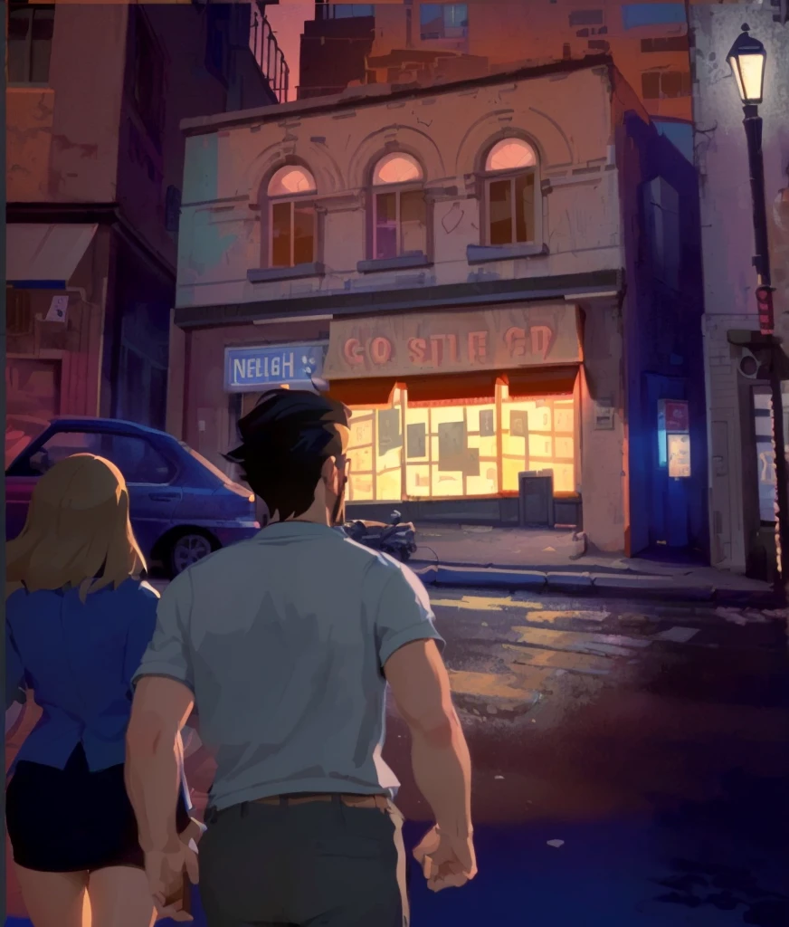 cartoon of a man and woman walking down a street in front of a building, beaten city. neo noir style, point-and-click adventure game, stylized urban fantasy artwork, by Marshall Arisman, animated film still, watching night streets, nighttime scene, stylized digital illustration, background artwork, by Nick Fudge, on a street at night